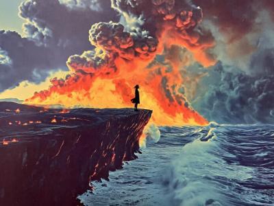 a young woman stands at the edge of a cliff with waves crashing below and fire burning far off in the distance